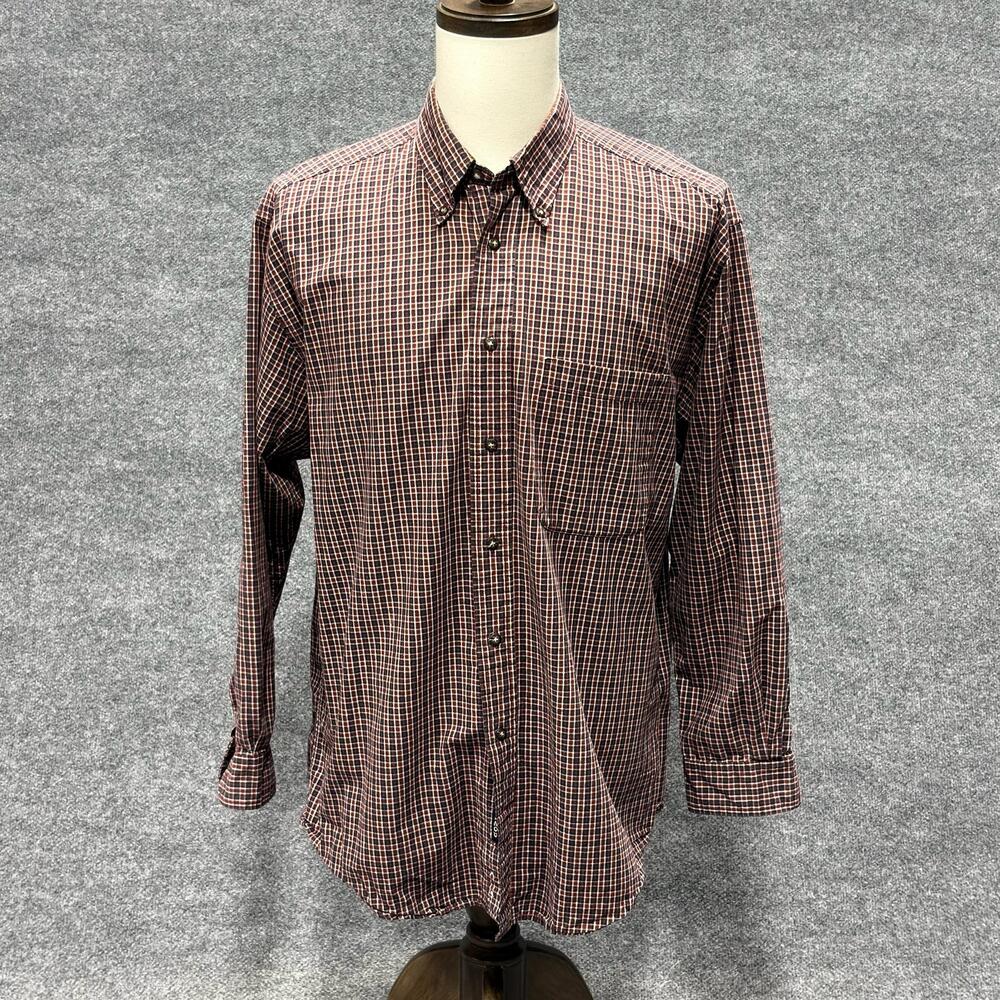 Izod Shirt Mens Large Beige Maroon Check Long Sleeve Button Down Cotton Casual